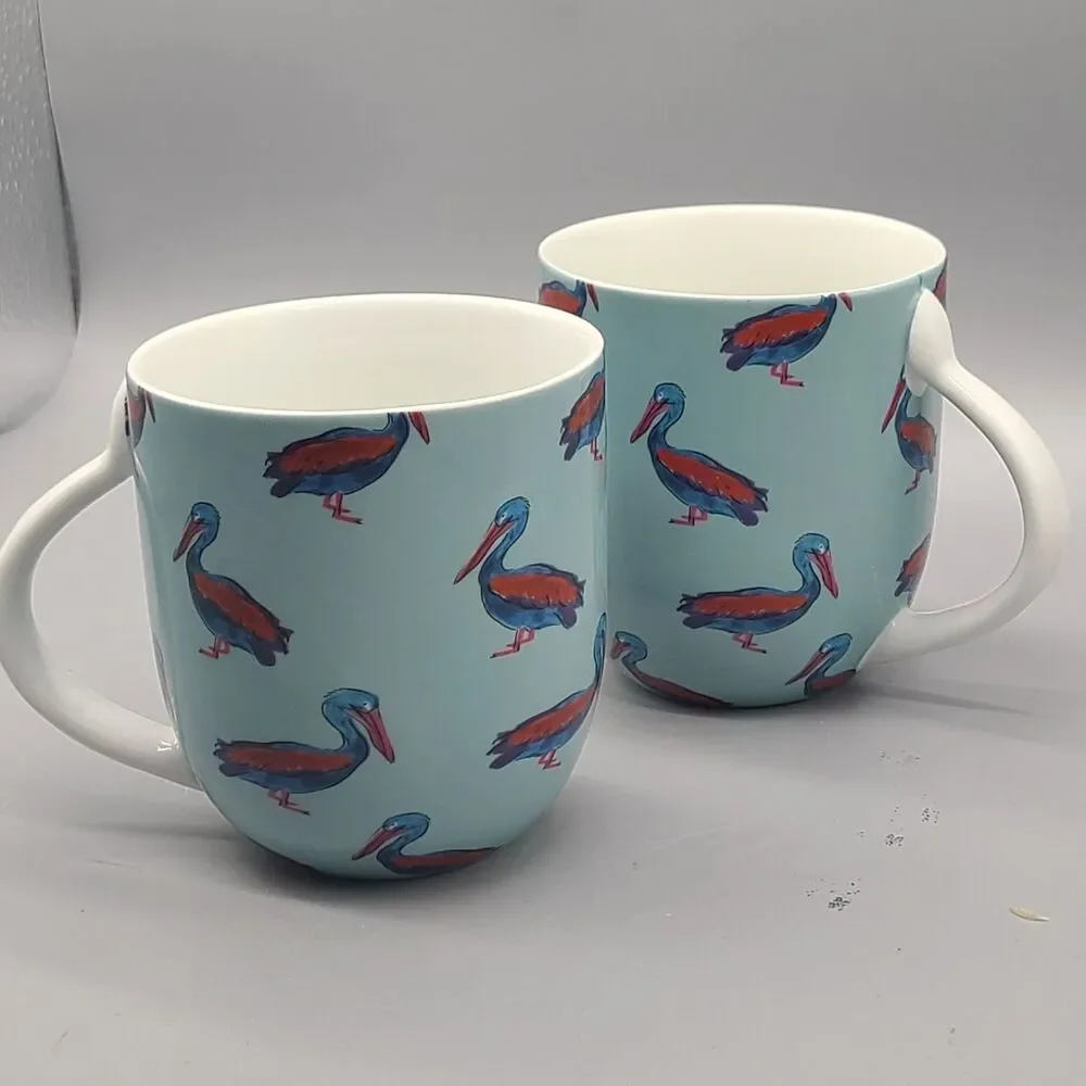 Set (2) Fabienne Chapot Pelican Ceramic Coffee Mugs Cups 14 oz Netherlands New